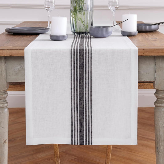 Solino Home Linen Table Runner 108 Inches Long - 100% Pure Linen Black and White Farmhouse Table Runner 18 x 108 Inch for Dining, Fall, Autumn, Halloween, Thanksgiving