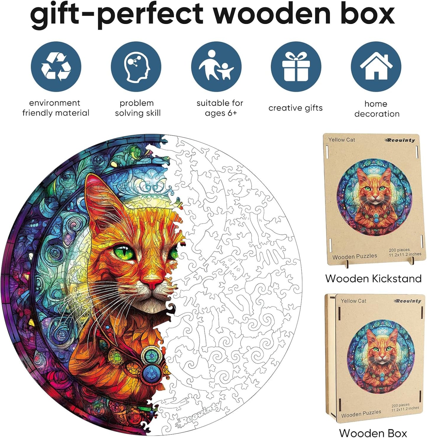 Reouinty Cool Wooden Puzzle for Adults 500 Piece, Yellow Cat Wooden Jigsaw Puzzles, Beautiful Wooden Puzzle with Box Birthday Gifts for Adults and Kids Family Game(16.5 * 16.5in)