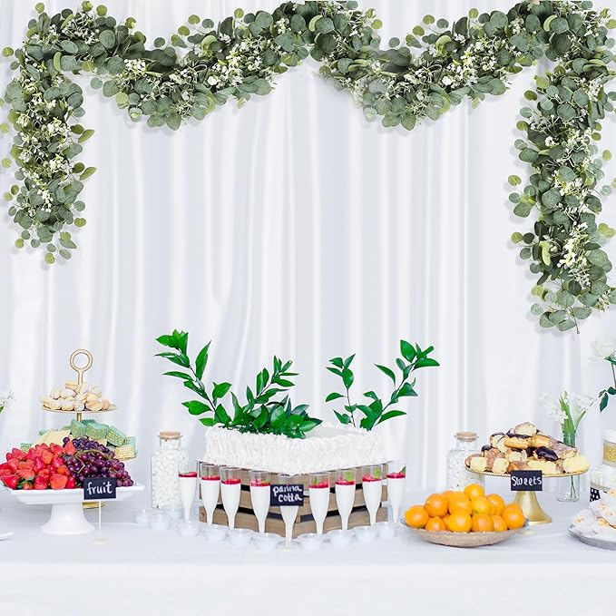 2 Pcs Eucalyptus Garland with White Gypsophila,5.9FT Artificial Greenery Garland Fake Vines Eucalyptus Garland for Wedding Centerpiece Table Party Indoor Outdoor Wall Decor