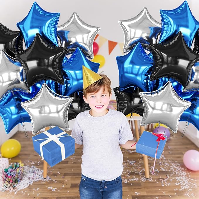Blue Black Silver Star Foil Balloons, 10PCS Foil Stars Shape Balloon, 18 Inch Metallic Star Pentagram Balloons Helium for Boys Men, Graduation, Baby Shower, Wedding, Space Birthday Party Decoration