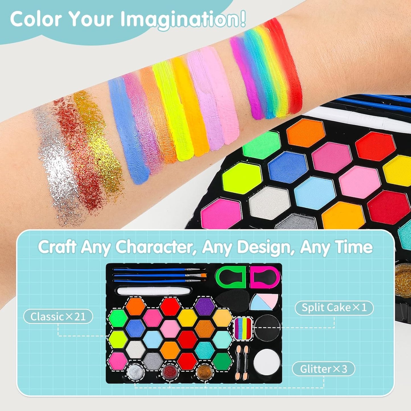 Face Painting Kit for Kids 24 Colors Water-Based Non-Toxic Face Paint Palette With Brushes&Stencils, Hair Chalk, Gems, Glitters, Crayon, Halloween Makeup Kit for Parties, Cosplay, Face Body Art