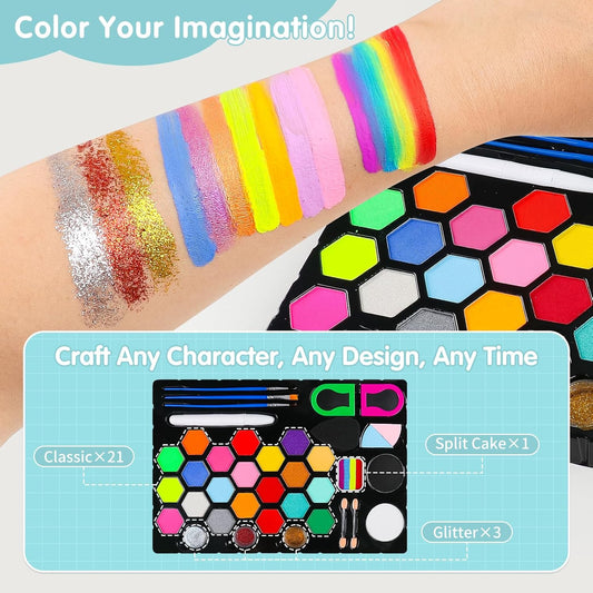 Face Painting Kit for Kids 24 Colors Water-Based Non-Toxic Face Paint Palette With Brushes&Stencils, Hair Chalk, Gems, Glitters, Crayon, Halloween Makeup Kit for Parties, Cosplay, Face Body Art