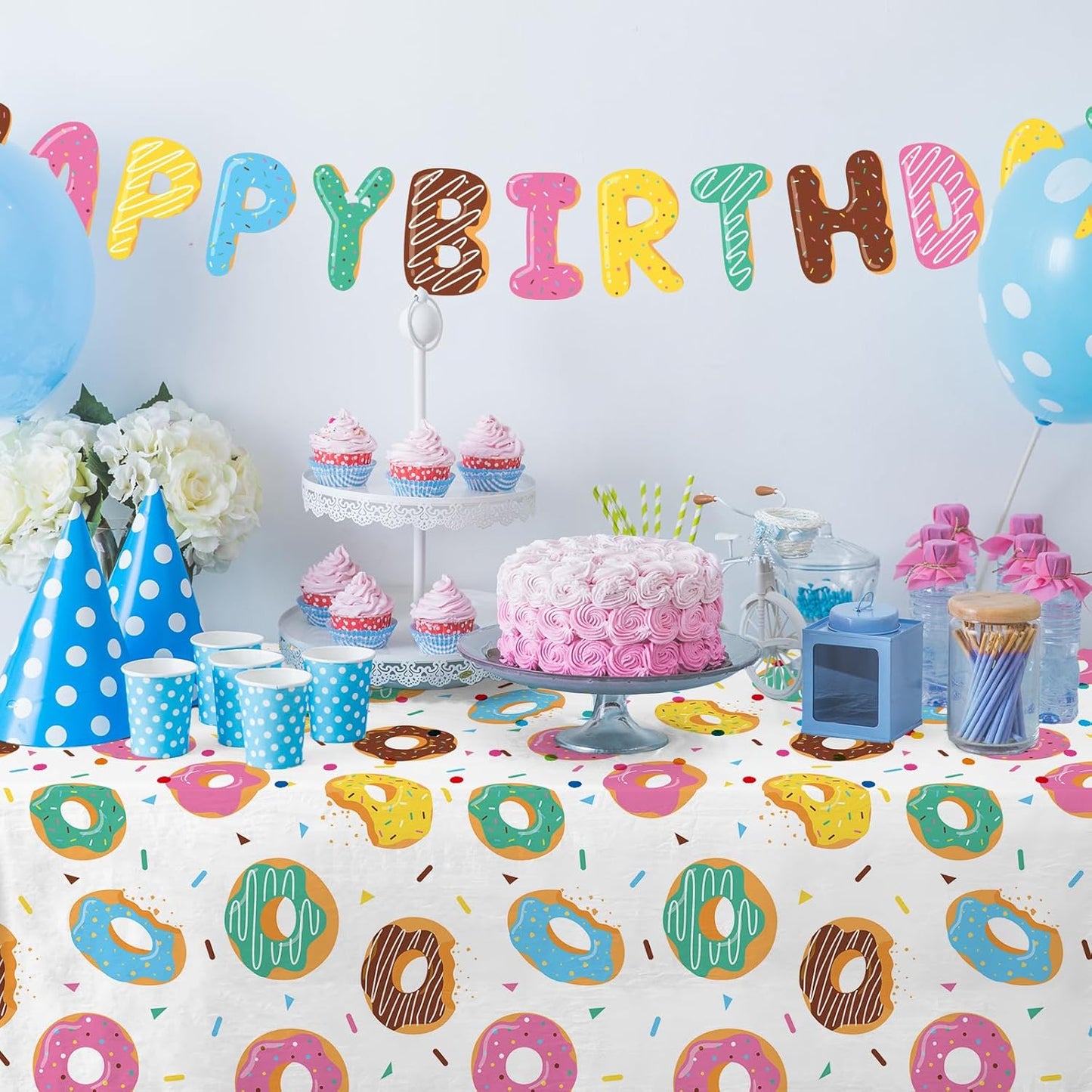 Gatherfun Donut Party Supplies: 2-Pack Donut Birthday Party Decorations,Disposable Plastic Tablecloth, Ideal Table Cover for Two Sweet Birthday, Baby Shower & Themed Parties, 54 x 108 Inch