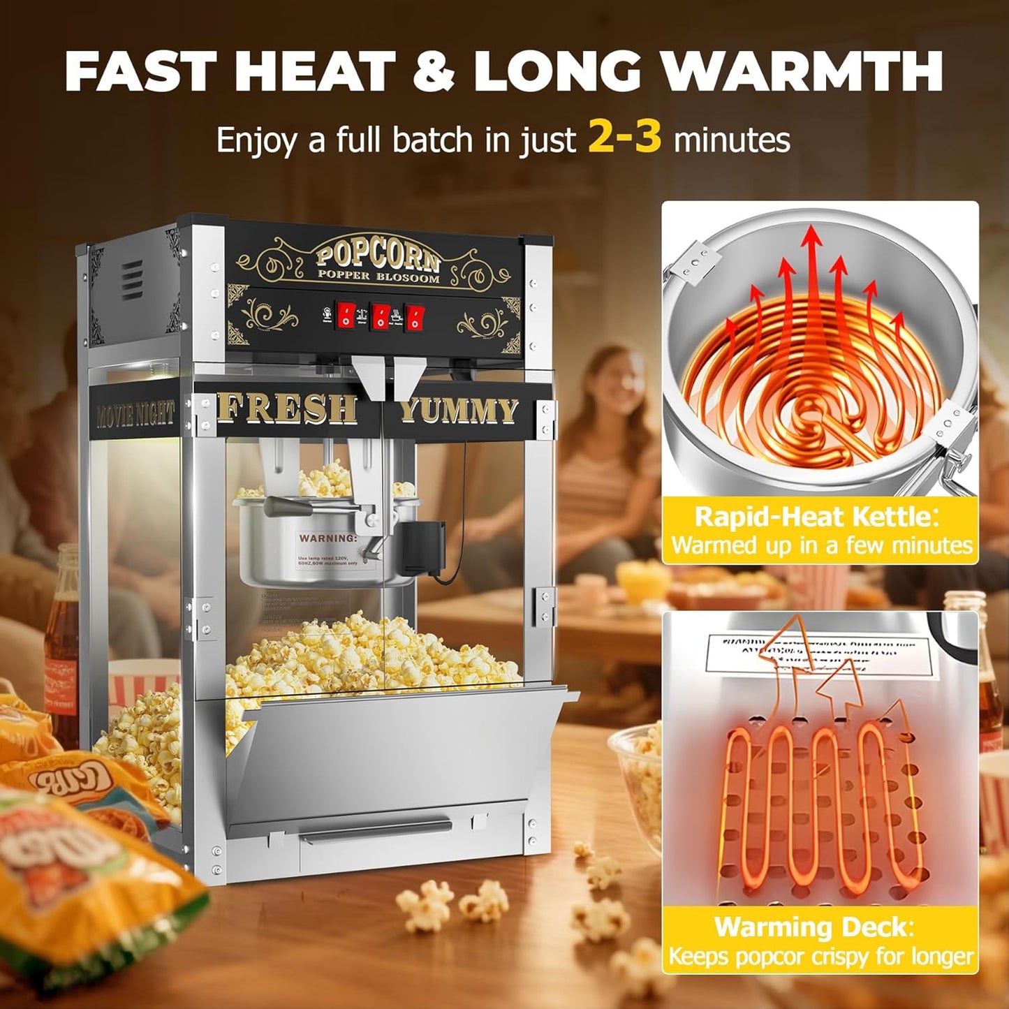 2025 Upgraded 20 oz Popcorn Machine Cart, Popcorn Maker Machine with Stainless-Steel Kettle Makes Up to 80 Cups, Movie Theater Pop Corn Machine with 3-Switch Control & Tempered Glass Doors, Black