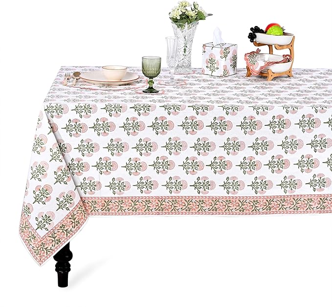 Ridhi Hand Block Print Mughal Buta Peach Rectangle Cotton Tablecloth 108" x 60" Reusable Table Cover Decorative Everyday Use for Dining, Farmhouse, Home Gift for Spring, Easter, Valentine