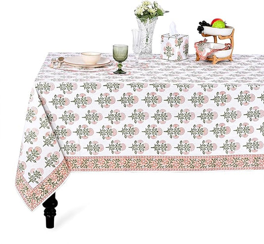 Ridhi Hand Block Print Mughal Buta Peach Rectangle Cotton Tablecloth 90" x 60" Reusable Table Cover Decorative Everyday Use for Dining, Farmhouse, Home Gift for Spring, Easter, Valentine
