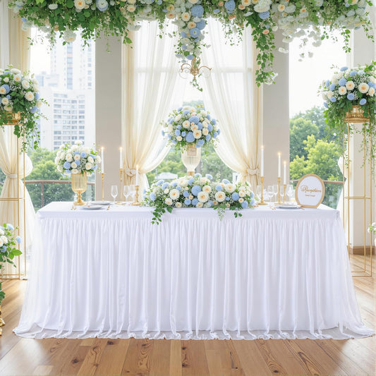 4 Pack White Tulle Tablecloths for 8 Foot Rectangular Tables, 8ft White Tulle Table Skirt, Wrinkle Free Table Cover with Tutu Skirt for Wedding Bridal Shower Birthday Party Banquet Buffet Cake Event