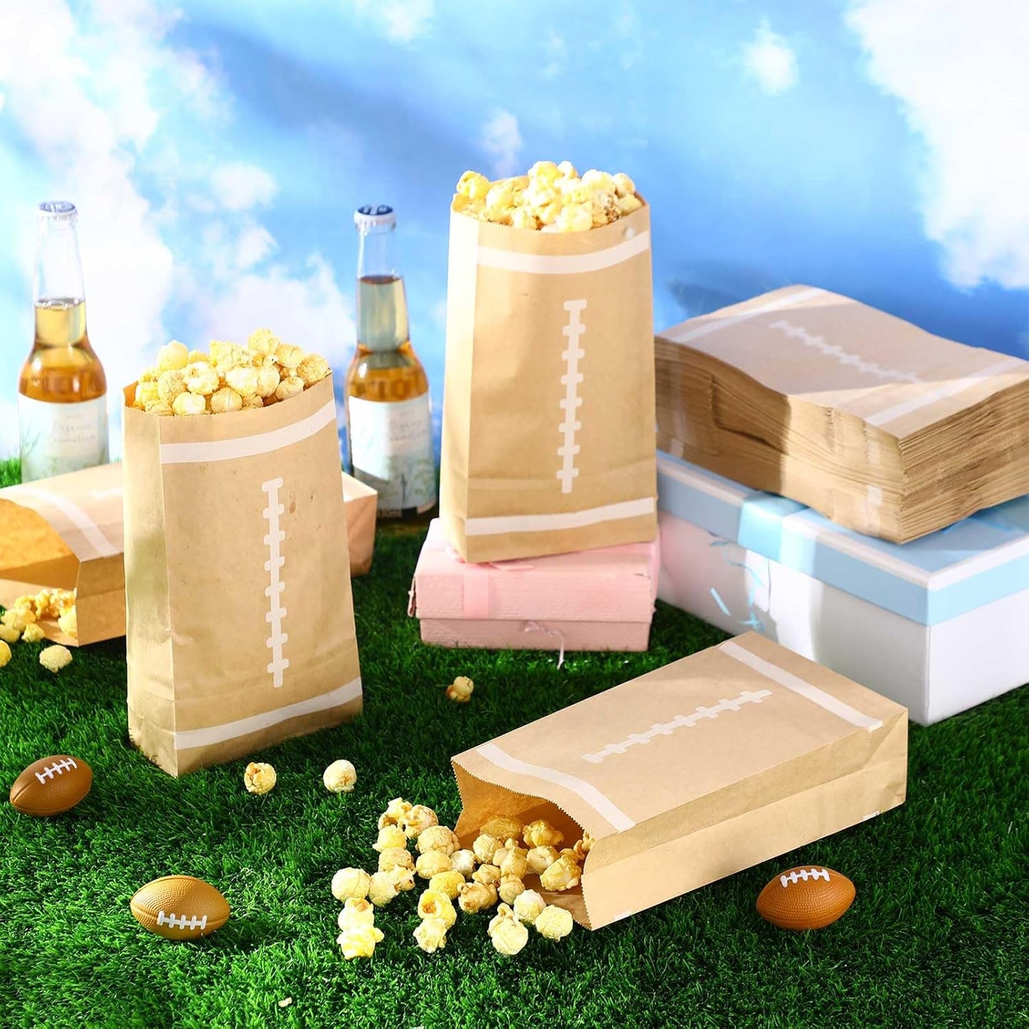 100 Pcs Football Popcorn Bags Football Popcorn Boxes Large Brown Kraft Papers Disposable Rugby Theme Candy Treat snack Bags for Sports Party Birthday Supplies