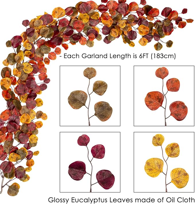 2 Pack Fall Garlands Artificial Eucalyptus Garland Plant, 6ft Faux Vine Hanging Silk Eucalyptus Leaves Fall Foliage Autumn Garland Decoration for Home Mantle Fireplace Wedding Thanksgiving Party Decor