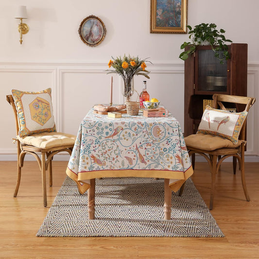 patdrea Designer Vintage Square Table Cloth,Yellow Linen Floral Birds Pattern Colorful Tablecloths,Decorative Table Cover for Kitchen Dining Banquet,Christmas,Thanksgiving,67"x67"-Magnolia