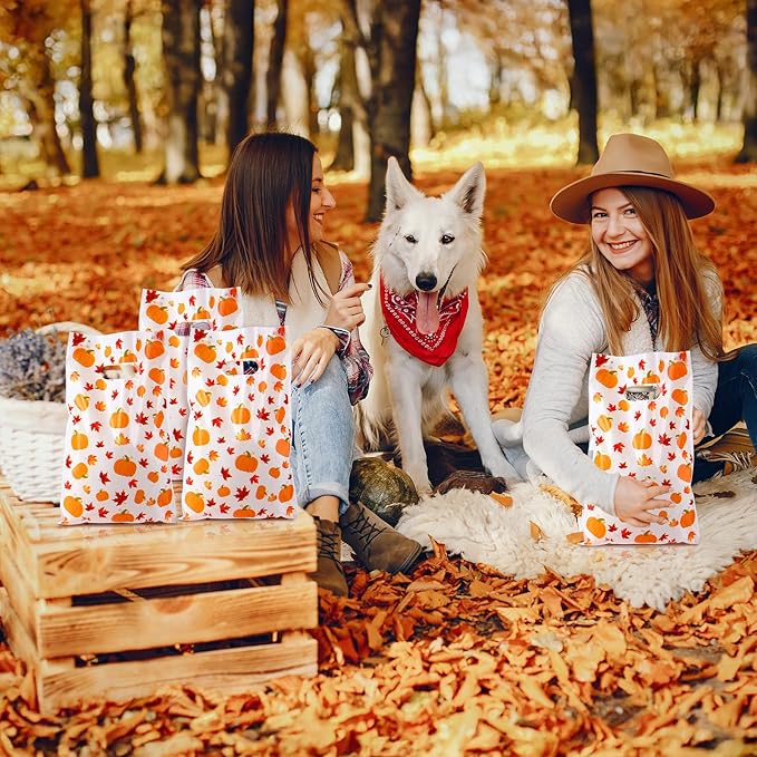 Supervitae 100 Pcs Fall Plastic Gift Bags Thanksgiving Party Favor Bags Bulk Pumpkin Maple Leaves Goodie with Handle for Autumn Party Supplies