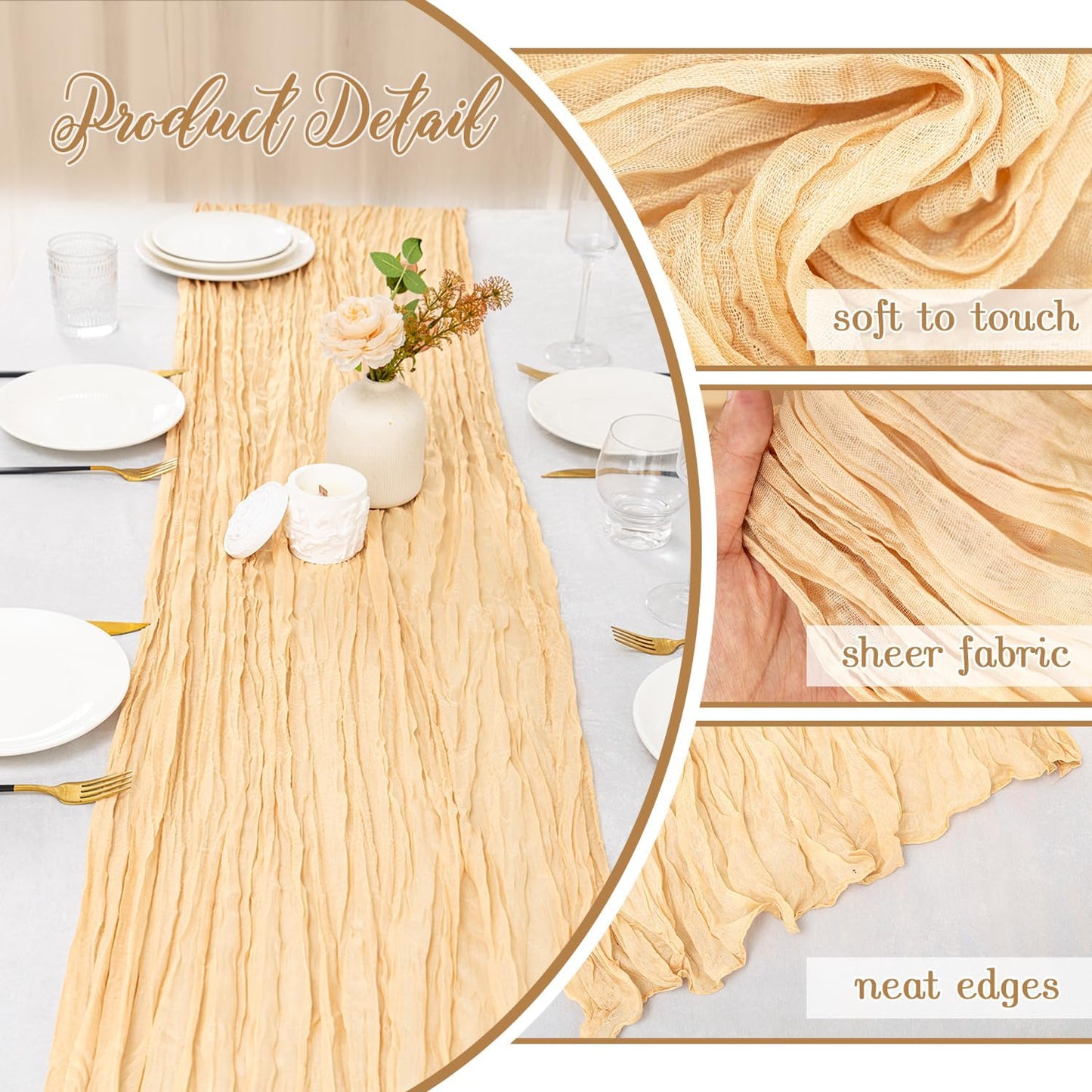 6 Pack Beige Cheesecloth Table Runner 120 Inch Boho Gauze Table Runner Long Sheer Fabric for Wedding Birthday Party Baby Shower Centerpiece Decoration