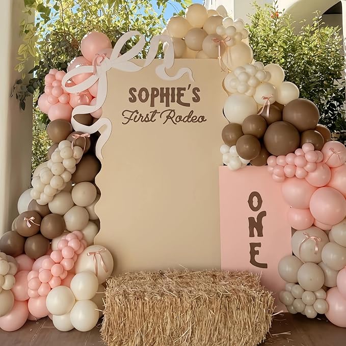 Pink Brown Balloon Arch Garland Kit, Cowgirl Rodeo Balloons Dusty Blush Light Pink Brown Nude Sand White Balloons with Ribbon Bow for Boho Baby Shower Western First Rodeo Birthday Party Decorations