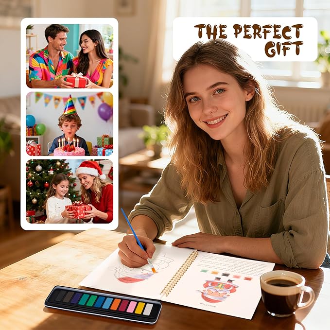 Kivzex Watercolor Workbook for Adults, Beginner Friendly Watercolor Painting Kit Christmas Water Coloring Book, Nature-Themed Practice Art Gift Water Color Paint Book with Palette and Brush