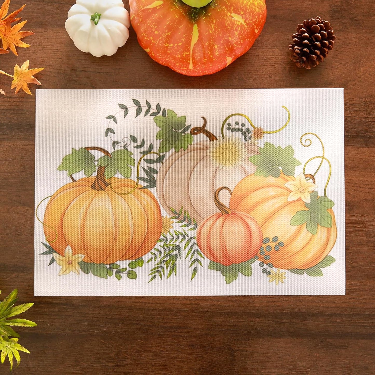 Thanksgiving Placemats Set of 6 Fall Place Mats Pumpkin Maple Leaves Table Mats Washable Non-Slip Heatproof Woven Placemats for Dining Table (17.7" X 11.8")
