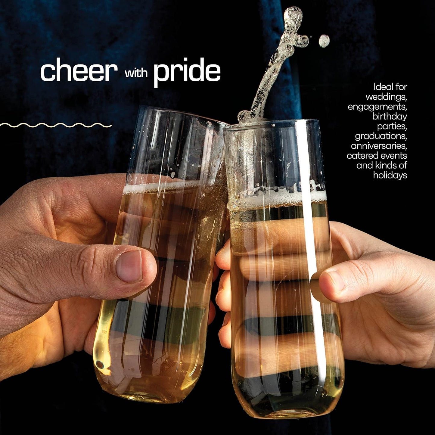 DECADORN Clear Stemless Champagne Flutes Plastic 48 Pack - 9oz Plastic Champagne Glasses - Durable and Sturdy Mimosa Glasses For Parties - Shatterproof, Recyclable, BPA-Free, Smooth Rims.