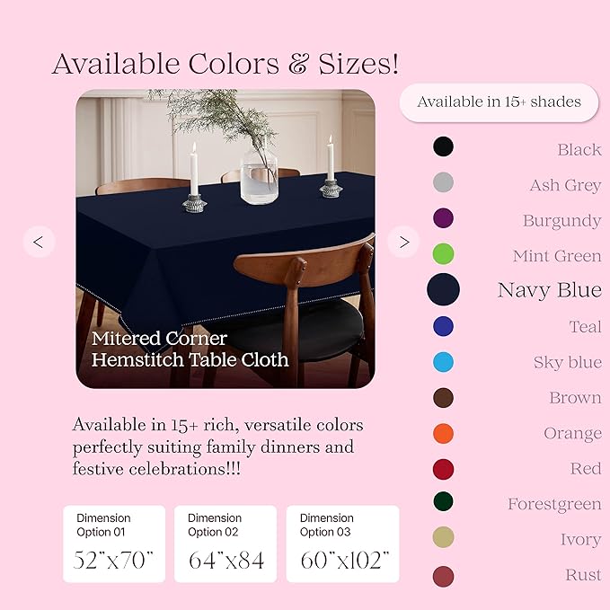 Navy Blue Table Cover, 100% Cotton Tablecloth 60x84 Inch, Fits 6-8 Seats, Soft, Durable, Washable, Wrinkle Resistant, Rectangle Table Cloth for Dining, Holiday Celebrations, Dinner