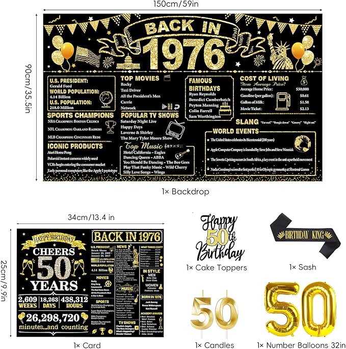 50th Birthday Decorations for Men, Black Gold Back in 1976 Party Supplies with Banner, Backdrop, Sash, Balloons, Cake Topper, Honeycomb Decorations, Happy 50 Year Old Birthday Decor Kit