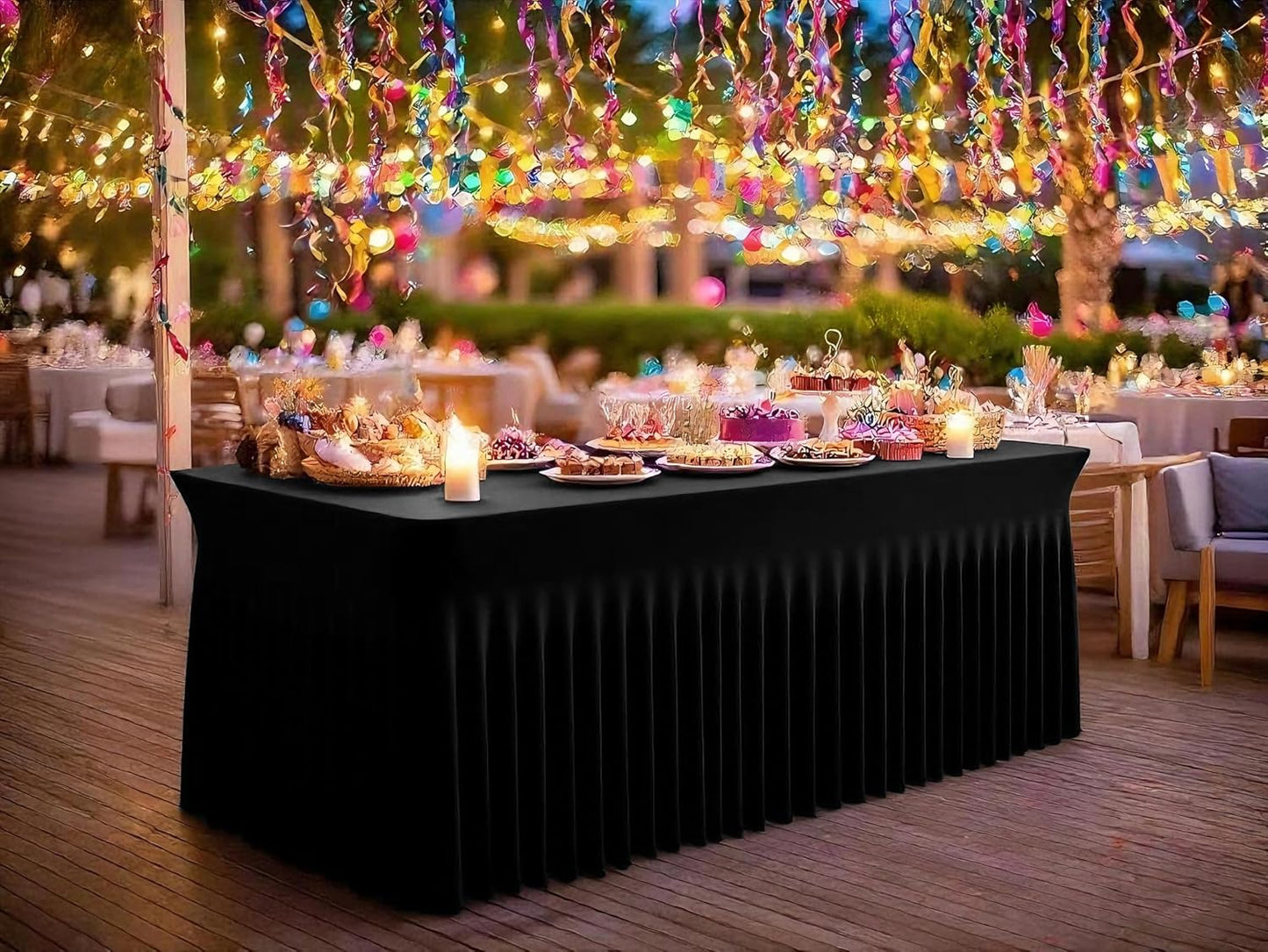 2 Packs Black Stretch Table Skirts for 6 Foot Rectangle Table, Washable Spandex Stretch Tablecloths with Skirt, Wrinkle Resistant Fitted Tablecover for Wedding Party Banquet