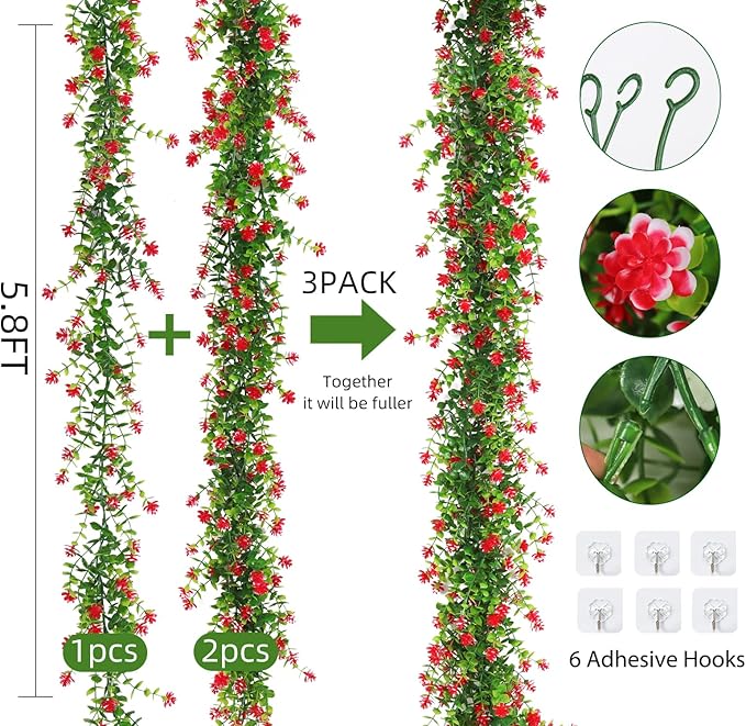 RECUTMS 3 Pack Artificial Spring Eucalyptus Garland Faux Hanging Eucalyptus Plants with Flowers Spring Fake Greenery Vines Garland for Spring Thanksgiving Home Wedding Mantle Wall Decor(Red)