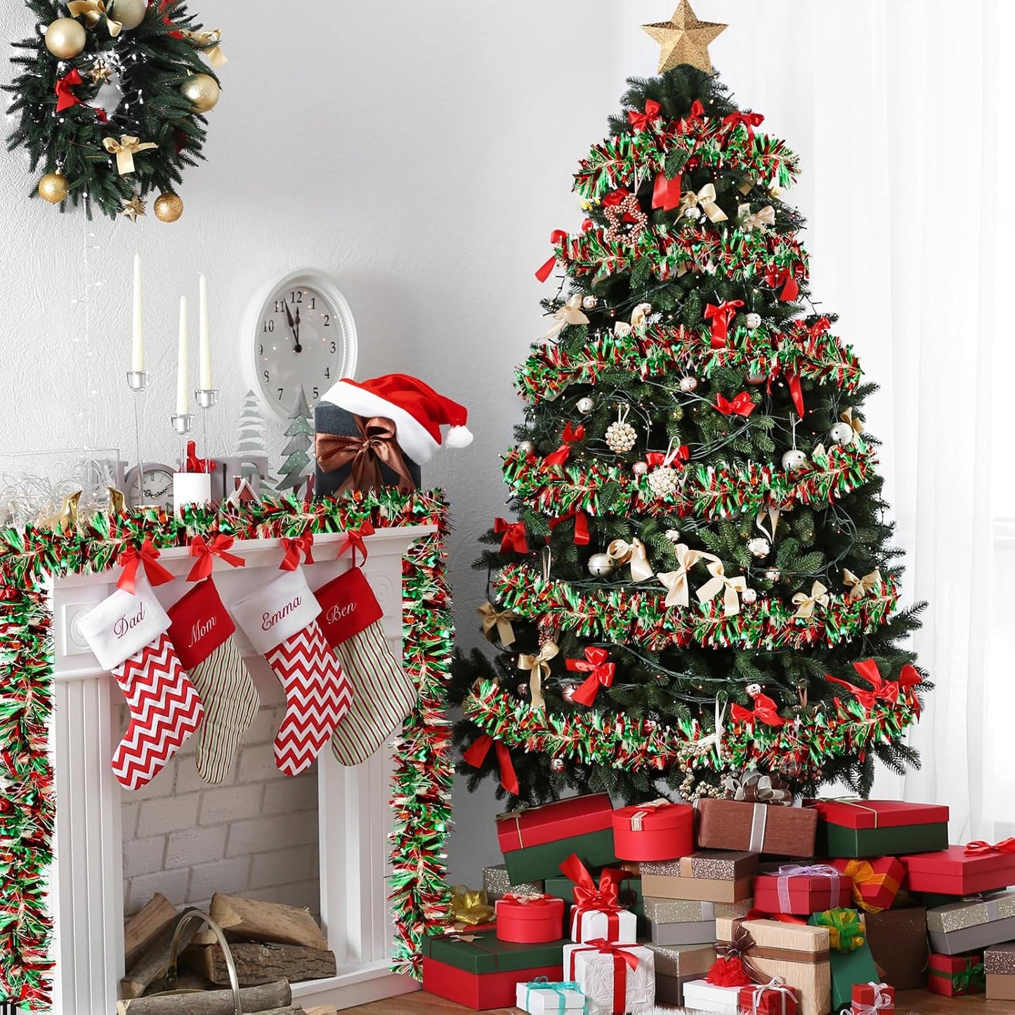 50ft Metallic Tinsel Garland - Christmas Tree Decorations (Red, Green, White)