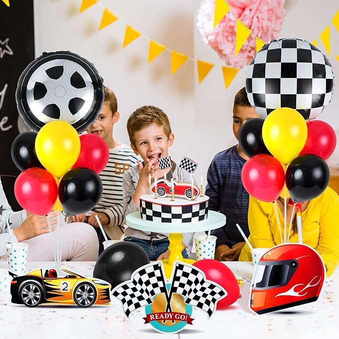 6 Sets Race Car Party Balloons Stand Kit Racing Car Table Centerpieces Decor Red Black Yellow Balloon Race Car Birthday Party For Boys Let's go Birthday Racing Sports Themed Decorations