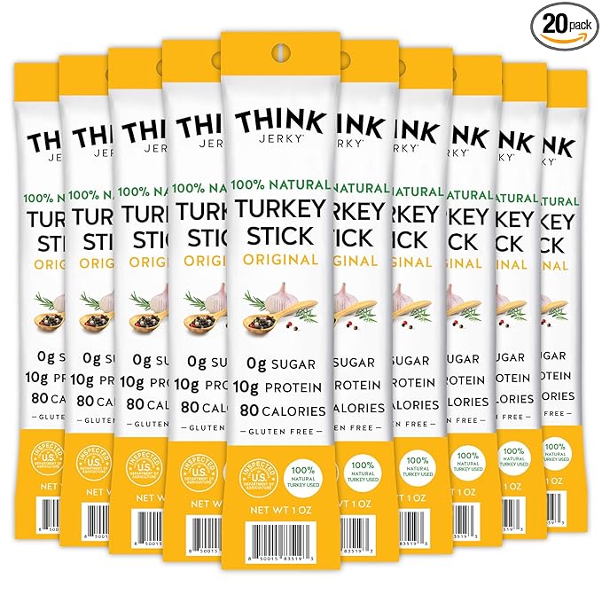 Think Jerky All-Natural Turkey Sticks, Gluten and Sugar Free, No Nitrates, Keto Paleo Friendly High Protein Low Carb Meat Snack - 1.0 oz Sticks, 20 Pack