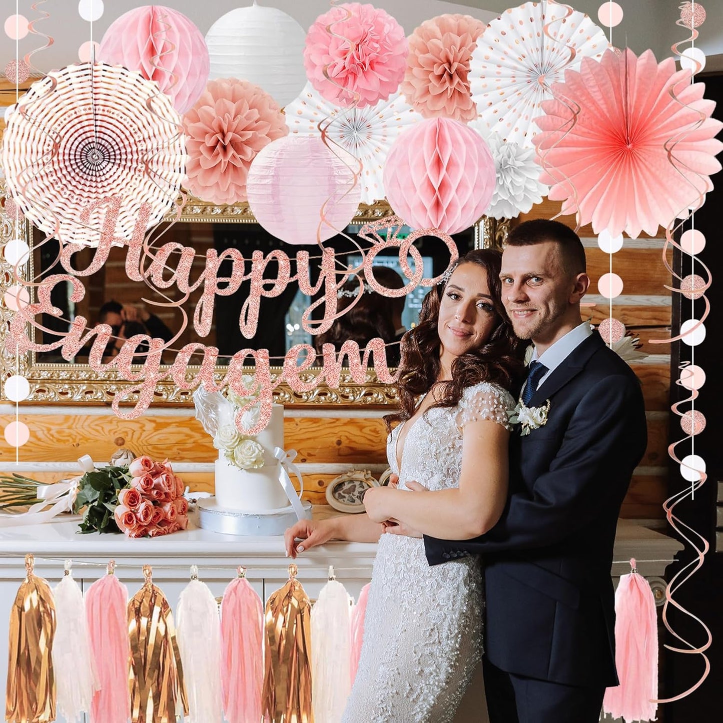 Roetyce Engagement Party Decorations, Rose Gold Glitter Happy Engagement Banner, Almost Married/Just Engaged Photo Background, Pink Congratulations Wedding Bachelorette Backdrop Decor