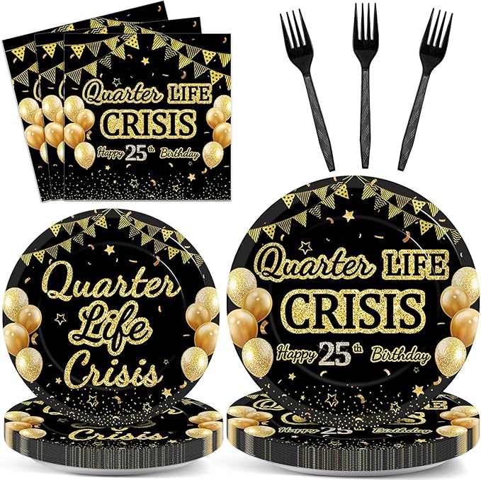 96PCS 25th Birthday Party Paper Plates and Napkins Set for Happy Quarter Life Crisis Cake Dessert Plates Disposable Supplies Black Gold 25 Year Old Theme Tableware Set for Men Women Party Decorations