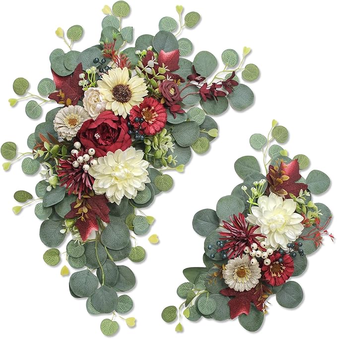 Artificial Wedding Arch Flowers for Wedding Sign,Set of 2 for Wedding Welcome Ceremony Sign,Faux Floral Swags,Wedding, Banquet and Reception Backdrop Floral Decoration (White Red)