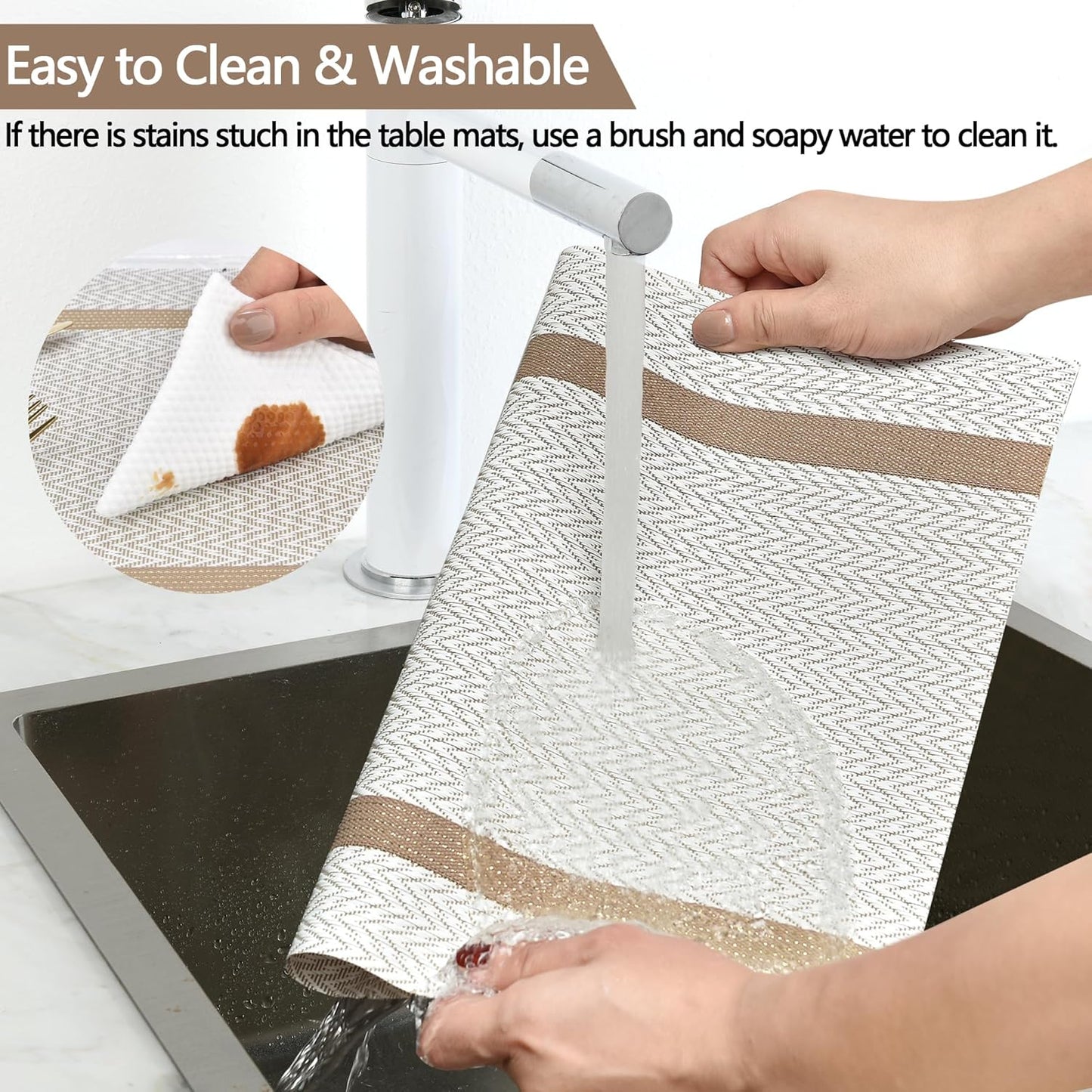 SLKQG Beige White Placemats Set of 6 - Easy Clean Modern Durable Washable Vinyl Place Mats - Heat Resistant Placemats for Kitchen Table - PVC Table Mats for Dining Table (Beige White with Stripes, 6)