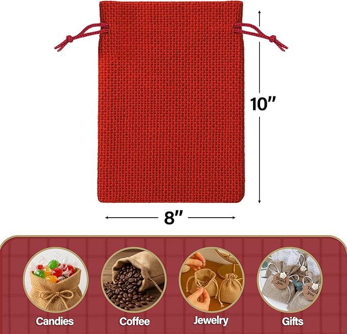 Mandala Crafts 8X10 Inch Red Burlap Drawstring Gift Bags for Favors - 20 Large Linen Sacks Gift Pouches for Candy, Coffee, Jewelry, Wedding, and Party Supplies