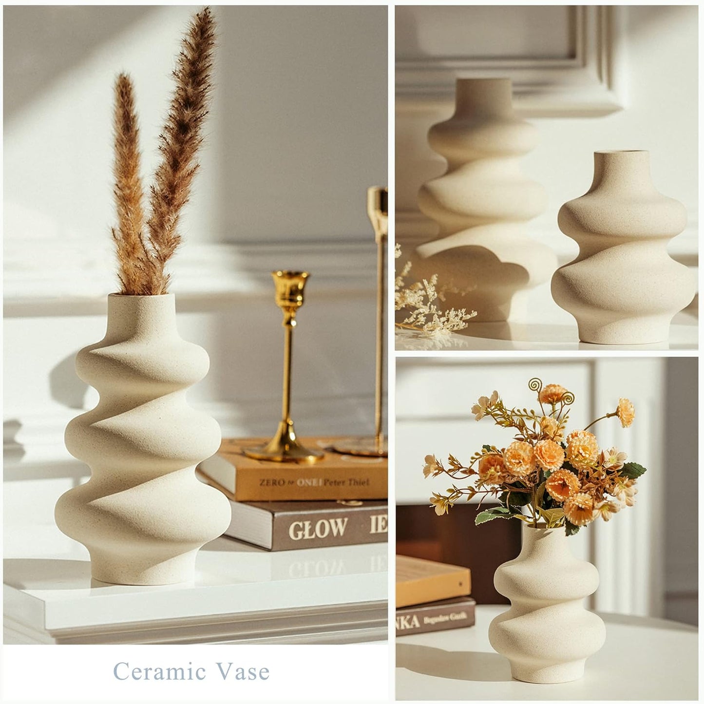 Ceramic Vases Set 2, Modern Home Decor,Off White Round Vases,Modern Dried Flower Vases, Boho Home Decor for Centerpieces Wedding Dinner Table Party Living Room Office Bedroom