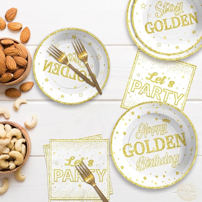 96Pcs Golden Birthday Party Decorations White Gold Plates and Napkins Disposable Stay Golden Paper Tableware Set for Women Men Happy Birthday Party Supplies, Serves 24