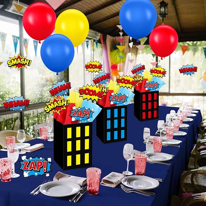 8 Sets Hero Theme Party Decoration Hero Boxes Centerpiece (7.9 x 5.1 x 5.1 Inch) Sticks with Tissue Paper Standing Cards Birthday Baby Shower Party Supplies (Red,Yellow,Blue)