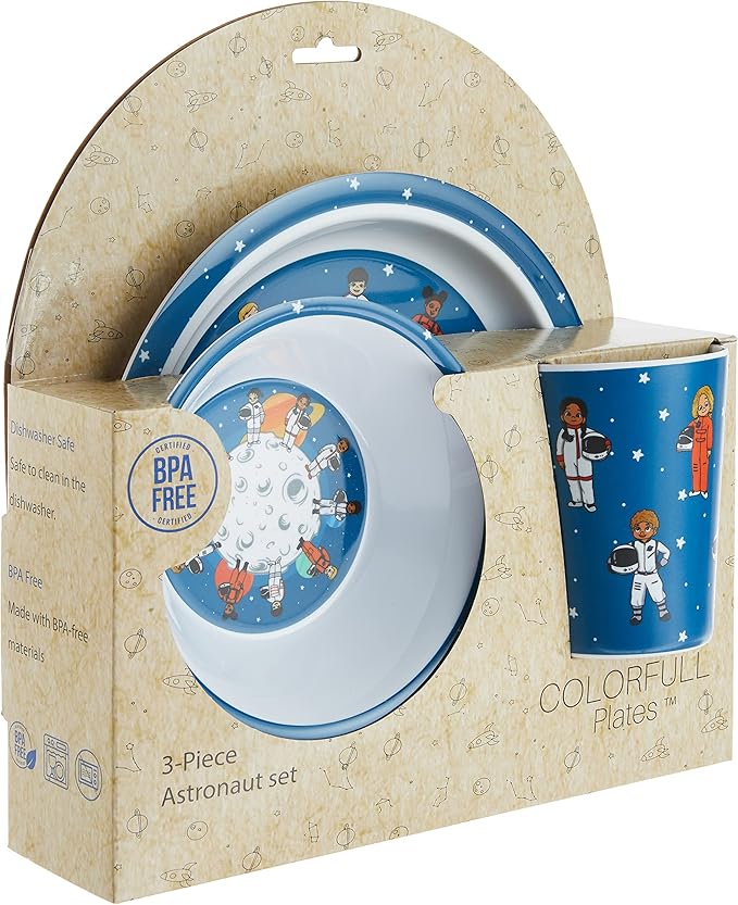 3 Piece Kids Dinnerware Set, Space Themed, BPA-Free Melamine, Multicolor, Toddler Feeding Set