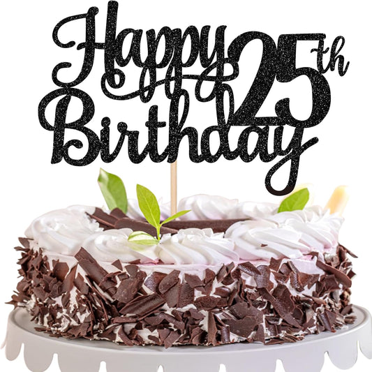 1 PCS Happy 25th Birthday Cake Topper Glitter Cheers to 25 Years Birthday Cake Pick 25 Fabulous Cake Decoration for Happy 25th Birthday Theme Party Decorations Supplies Black