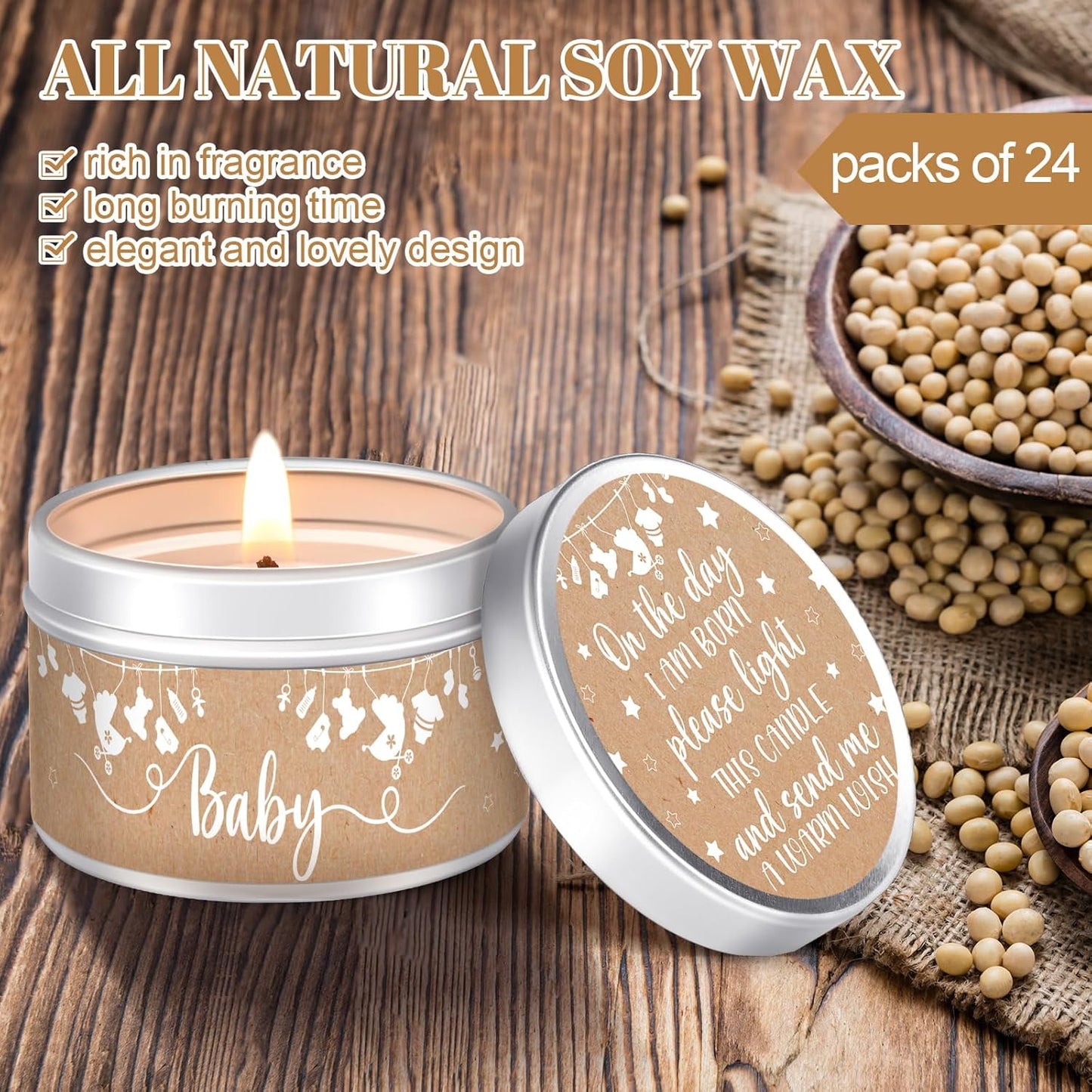 MTLEE 24 Pcs Kraft Paper Baby Shower Party Favors Candles Lavender Scented Baby Shower Favors for Guests Rustic Tealights Candles Gender Reveal Return Gifts Girl Boy(1.2 Oz, Khaki)