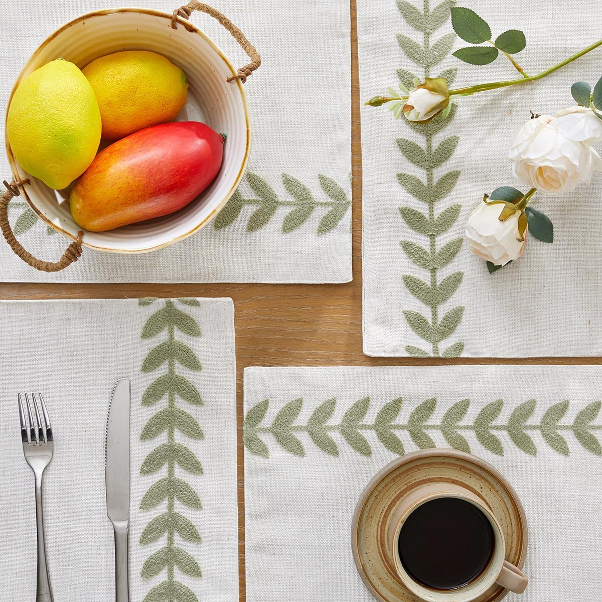 Wracra Embroidered Placemats, 13 x 18 Inch Set of 4 Placemats, Irregular Willow Rustic Place Mats for Kitchen Table and Heat Resistant, Light Sage Green 4PCS