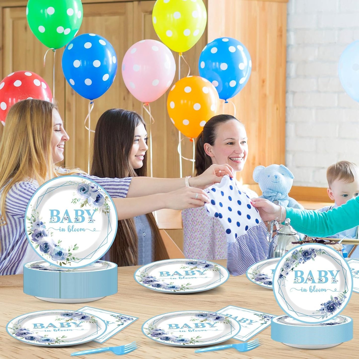 50 Guests Baby In Bloom Baby Shower Decoration Blue Flower Paper Plates Napkins Forks Spring Floral Theme Party Tableware Disposable Party Supplies Favor Plates For Boy Girl Birthday 200PCS