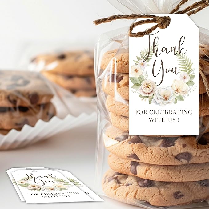 Floral Paper Gift Tags with String, 50Pcs Thank You for Celebrating with Us Tag, Gift Labels for Birthday Party Baby Bridal Shower Wedding Favor, Botanical Leaves Print-A18