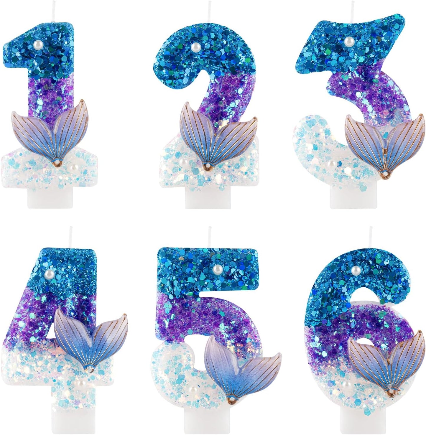 Sparkler 4 Birthday Number Candles,Blue Purple Pearls Mermaid Tail Number Birthday Candles for Girls Women Birthday Cakes Mermaid Themed Birthday Decorations Party Favors Number 4 Candle Cake Topper