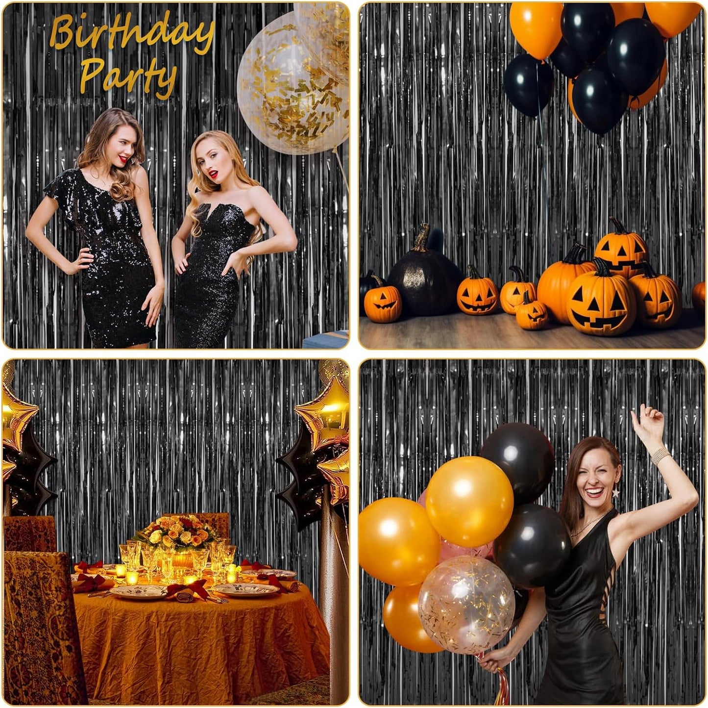 Accevo 3Pack Black Foil Fringe Curtains Party Streamers 3.2ft x 8.2ft Door Streamer Tinsel Streamers Black Party Decorations Photo Booth for Halloween New Year Holiday Celebration Party Decoration