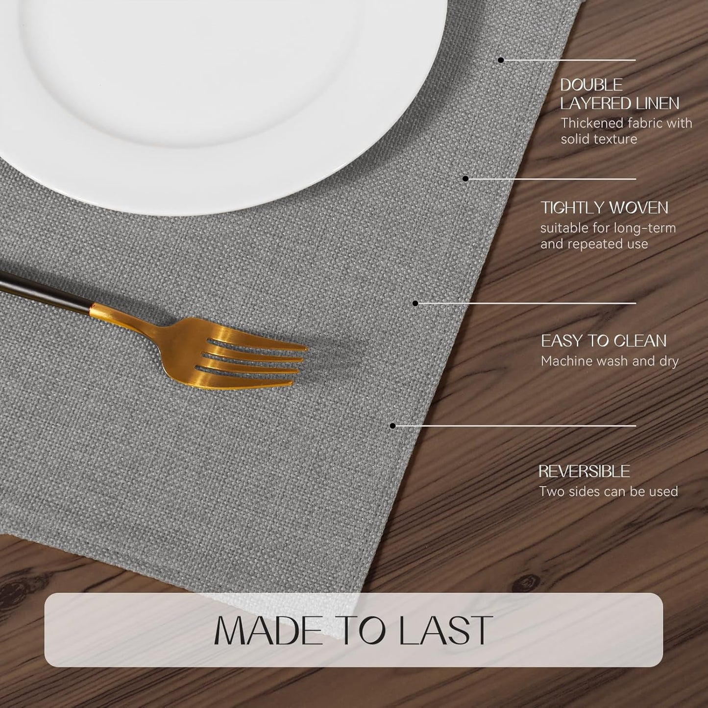 Romanstile Cloth Placemats Set of 4-12 x 18 Inch, Heat Resistant Double Layered Thickened Burlap Place Mats, Washable Faux Linen Farmhouse Table Mats for Kitchen/Dining/Party/Outdoor, Grey