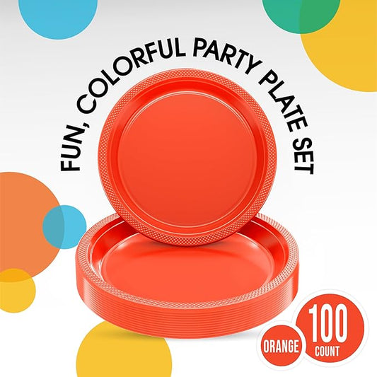 Party Solids Orange Plastic Plates For Party Supplies, Orange Disposable Plates 100 Pieces - 50-7" & 50-9" Heavy Duty 350 GSM Disposable Dinnerware Sets, Plastic Dinnerware Sets