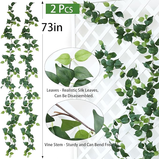 Mizii 2 Strands Artificial Scindaps Vines Garland 73" Fake Vine with Silk Green Leaves Faux Evergreen Hanging Plants Greenery Decoration for Party Wedding Bedroom Home Wall Room Decor (Scindapsus)