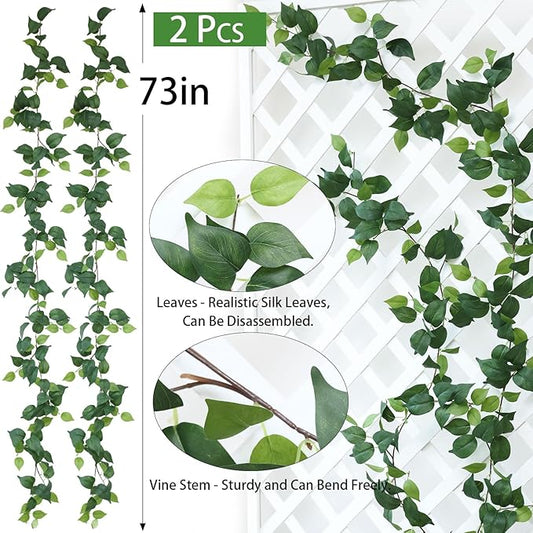 Mizii 2 Strands Artificial Scindaps Vines Garland 73" Fake Vine with Silk Green Leaves Faux Evergreen Hanging Plants Greenery Decoration for Party Wedding Bedroom Home Wall Room Decor (Scindapsus)
