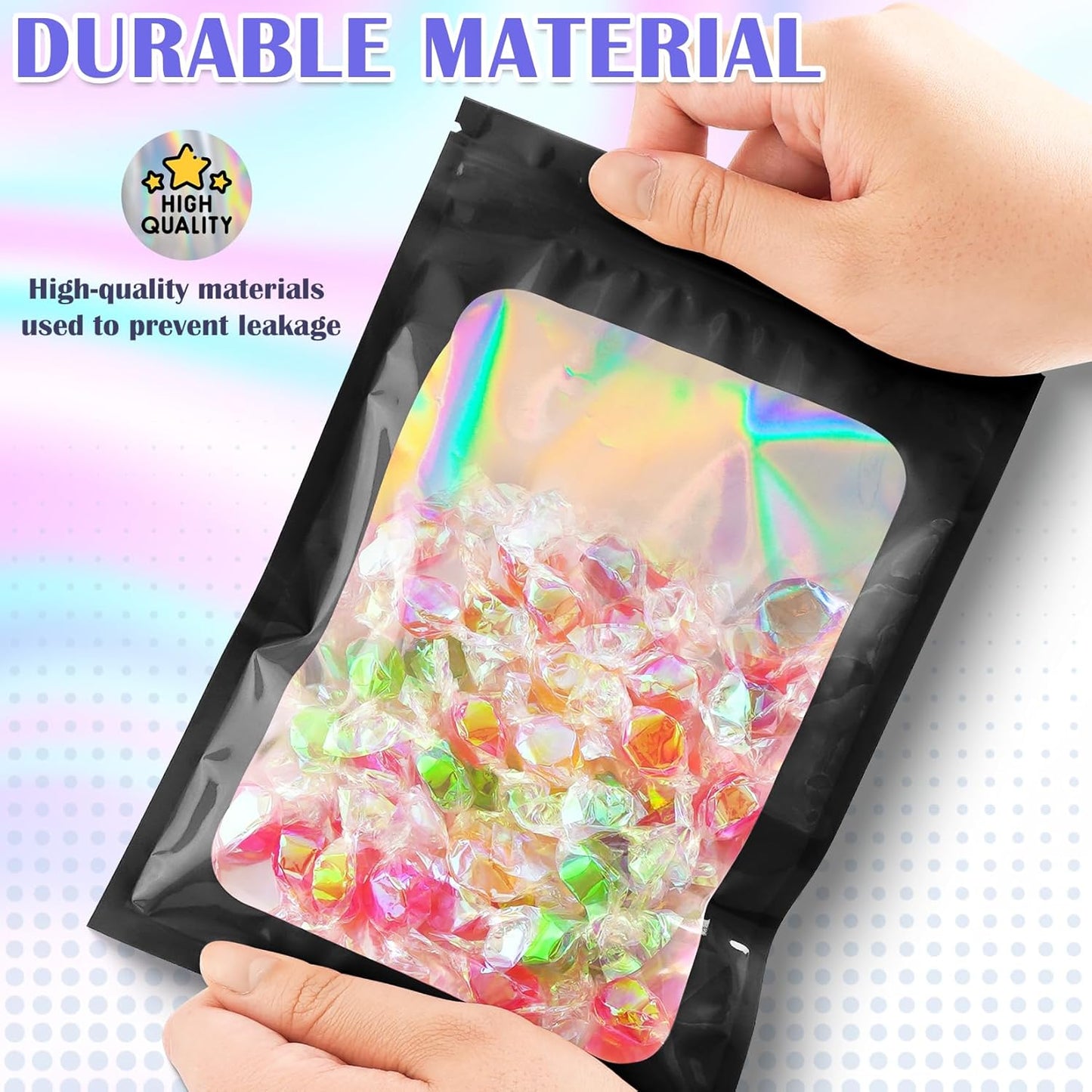 100 PCS Black Smell Proof Bag, Mylar Bags, Holographic Bags with Clear Window, Resealable Bag for Small Business, Packaging Bag for Bracelets, Jewelry, Candy, Gift （4x6in）