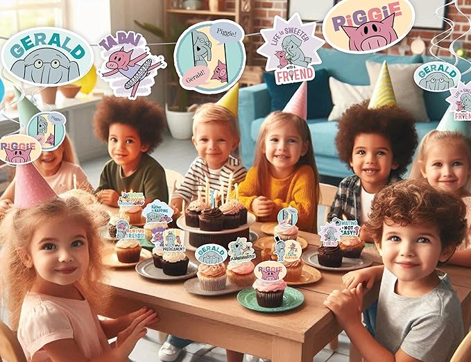 Elephant and Piggie Party Supplies Boy or Girl Birthday Party Decor with 8 Foot Banner, 24 Cupcake Toppers, Cake Topper, 4 Streamers with Gerald and Piggie Book Characters by Mo Willems (Party Set)