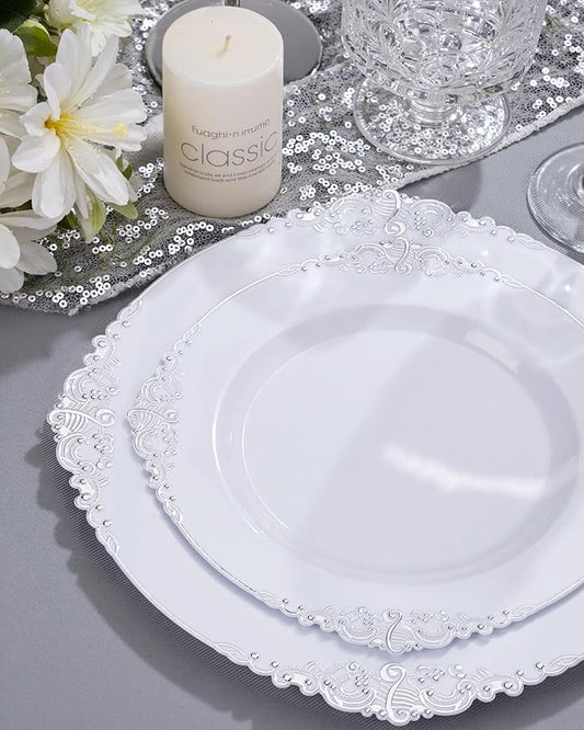 Nervure 100PCS White and Silver Plastic Plates - 10.25Inch Silver Disposable Plates - Heavyweight Dinner Plates for Wedding & Party